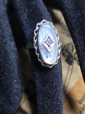 Art Deco 10kt White Gold Camphor Glass With Diamond Accent Filigree Setting